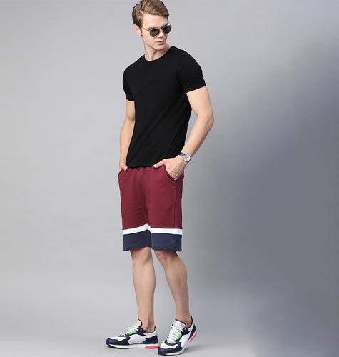 Men Burgundy & Navy Blue Striped Mid-Rise Pure Cotton Regular Shorts